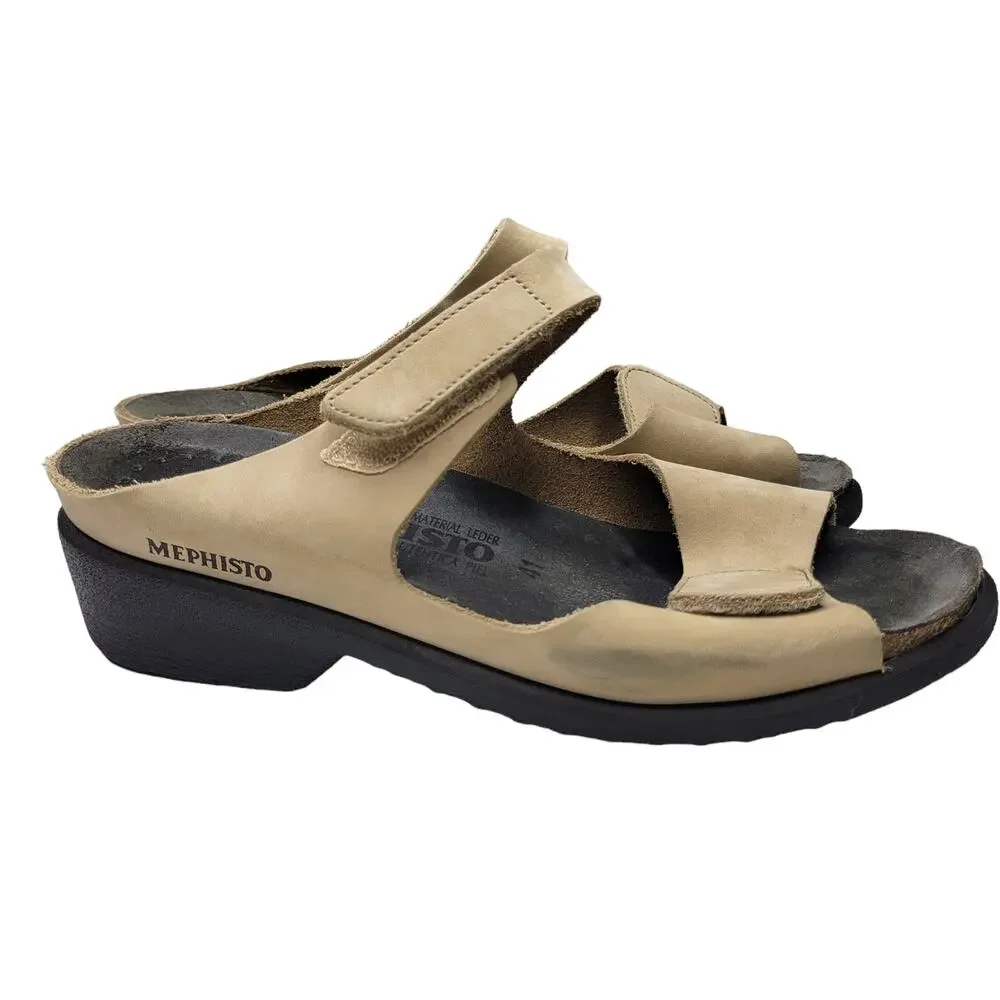 Mephisto Double Strap Sandals Light Tan Neutral Hook Loop Adjustable Women 41
